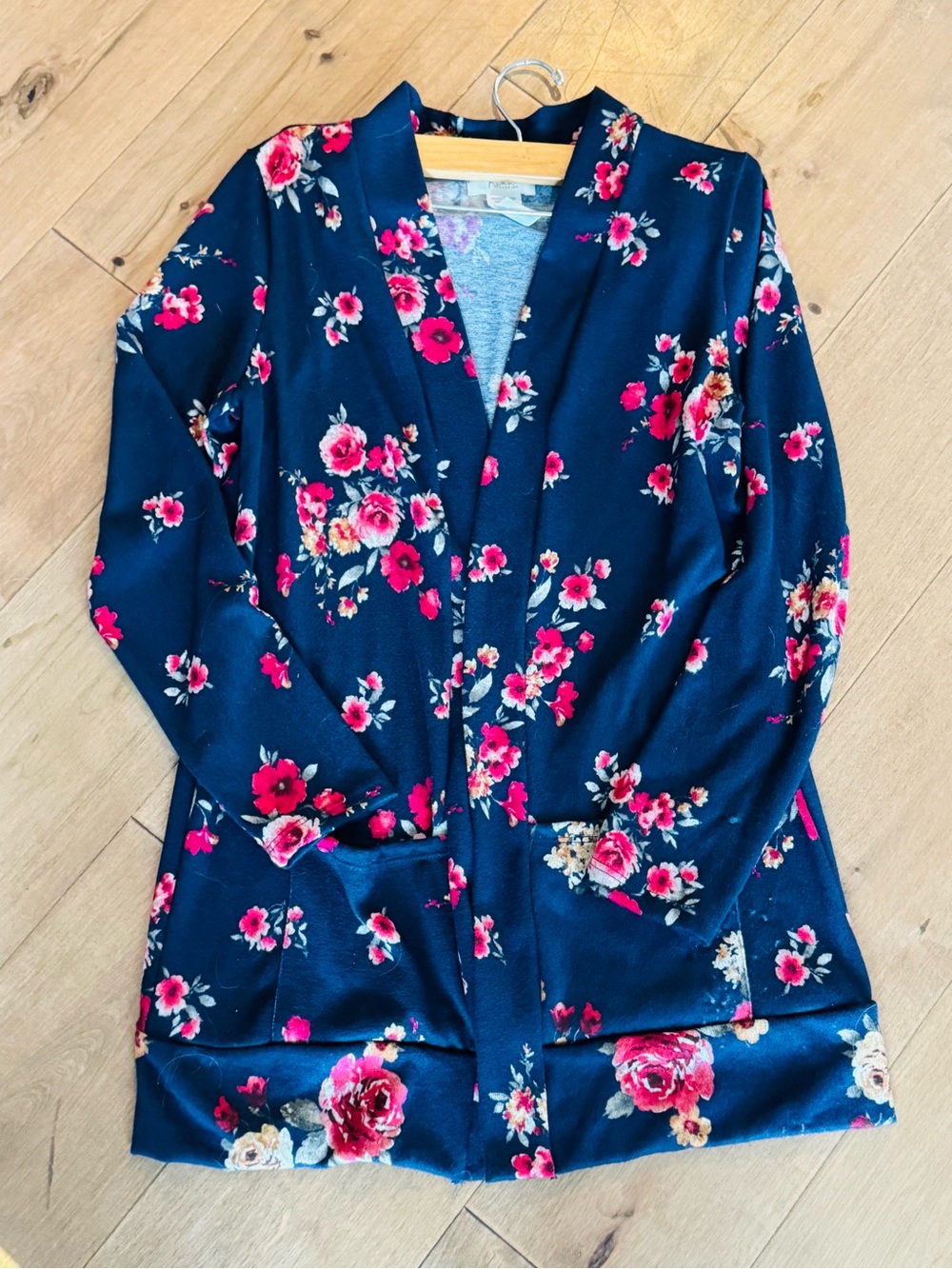 Navy Floral Open-Front Cardigan with Pink Rose Print